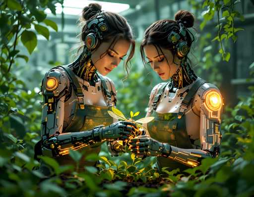Two humanoid robots, with a focus on intricate metallic details and glowing accents, gently examine a small seedling in a lush, green environment. They are positioned closely together, their heads bowed as they delicately hold the plant, suggesting a tender interaction. The art style is futuristic and detailed, emphasizing a blend of organic and technological elements.