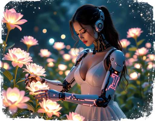 A woman with long brown hair is standing in a field filled with pink flowers and green plants. She is wearing a white dress that contrasts with the surrounding greenery. The woman has her arms outstretched as if she's reaching for something or about to touch one of the flowers, which are illuminated by a soft glow from above.