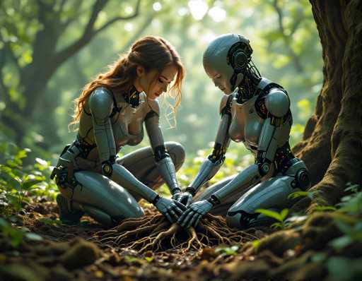 Two humanoid robots, with one having long, flowing hair and the other a smooth, metallic head, are kneeling together amidst lush greenery. They are delicately intertwined, their hands gently touching the exposed roots of a tree, suggesting a connection to nature. The art style is photorealistic, emphasizing soft lighting and a serene, almost ethereal atmosphere.
