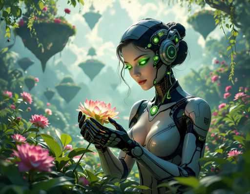 A woman with green eyes and a futuristic robot suit is holding a pink flower in her hand in a lush garden filled with pink flowers and green plants.