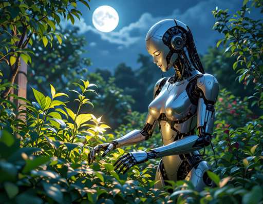 A sleek, silver robot gently tends to lush, glowing green plants under a full moon in a serene, nighttime garden. The art style is a blend of realistic and slightly fantastical, emphasizing soft lighting and detailed textures to create a peaceful, otherworldly atmosphere.