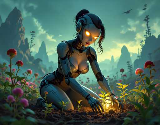 A woman with long dark hair and a black top is kneeling on the ground in front of pink flowers, holding a small plant that has a glowing light at its center. The background features a mountainous landscape under a blue sky dotted with clouds.