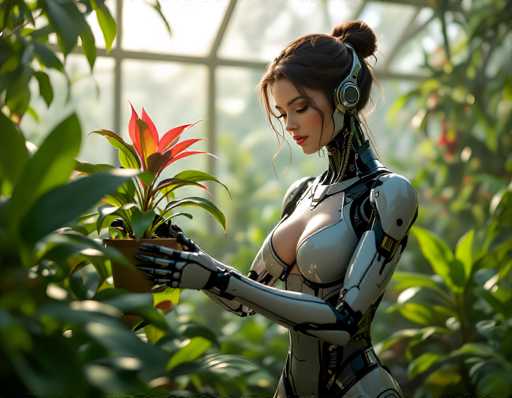 A serene, futuristic woman in a sleek, white and black robotic suit gently tends to a vibrant, red-leafed plant in a greenhouse. The scene is bathed in soft sunlight filtering through the glass, creating a warm and intimate atmosphere. The art style blends realism with a touch of fantasy, showcasing a harmonious blend of technology and nature.