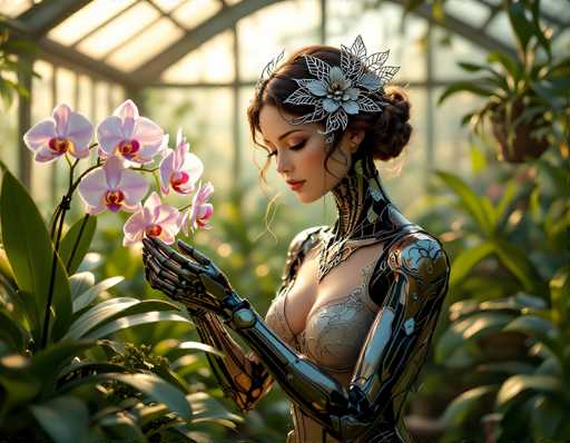 A woman with a metallic, ornate body is delicately tending to a cluster of vibrant pink orchids in a sun-drenched greenhouse. The scene blends fantasy and nature, with the art style leaning towards a detailed, slightly surreal digital painting. The focus is on the woman's gentle interaction with the flowers, highlighting a serene and almost ethereal atmosphere.