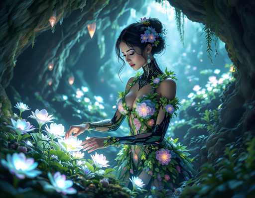 A woman dressed in a green and white dress with flowers is standing in front of a tree filled with purple flowers.