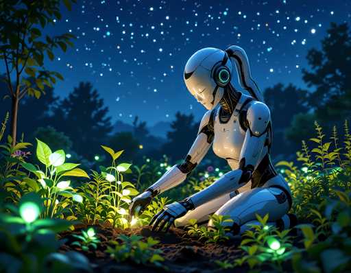 A futuristic, white and silver humanoid robot is kneeling in a lush garden at night. The robot is tending to small, glowing green plants with its hands, seemingly nurturing them. The garden is bathed in a soft, ethereal glow from the plants and some scattered glowing orbs on the ground. The background is a dark, starry night sky with silhouetted trees in the distance. The overall mood is serene and peaceful, highlighting a harmonious relationship between technology and nature.