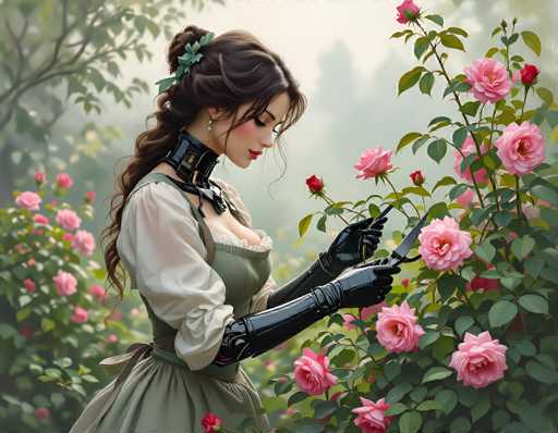 A woman in a vintage, steampunk-inspired outfit delicately prunes roses amidst a lush garden. She wears ornate black gloves and a detailed, dark collar, her attention focused on the flowers. The soft, muted colors and gentle lighting evoke a romantic, slightly fantastical atmosphere.