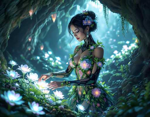 A woman in an ornate, floral-adorned gown gently tends to glowing white flowers in a mystical, bioluminescent cave. The scene is bathed in soft, ethereal light, with glowing orbs floating in the background and lush, mossy walls creating a fantastical, dreamlike atmosphere. The art style is highly detailed and painterly, emphasizing a serene and magical ambiance.