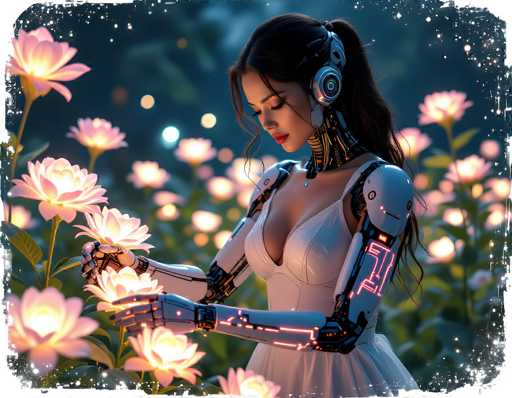 A woman with a futuristic, cybernetic design gently holds glowing lotus flowers in a softly lit garden. The image blends fantasy and technology with a dreamy, ethereal art style, emphasizing a serene connection between the human-like figure and the bioluminescent flora.