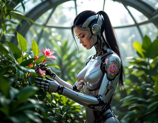 A sleek, silver android with a floral design gently examines a vibrant pink flower in a lush, greenhouse-like setting. The image features a soft, dreamlike art style with a shallow depth of field, focusing on the detailed texture of the android's metallic body and the delicate flower. The spatial relationship emphasizes a tender, intimate moment of observation.