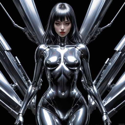 A sleek, chrome android with dark hair and a serious expression dominates the frame. Multiple gun-like appendages radiate from behind her, creating a dynamic, futuristic composition against a stark black background. The art style is highly polished and detailed, emphasizing smooth metallic surfaces and sharp lines.