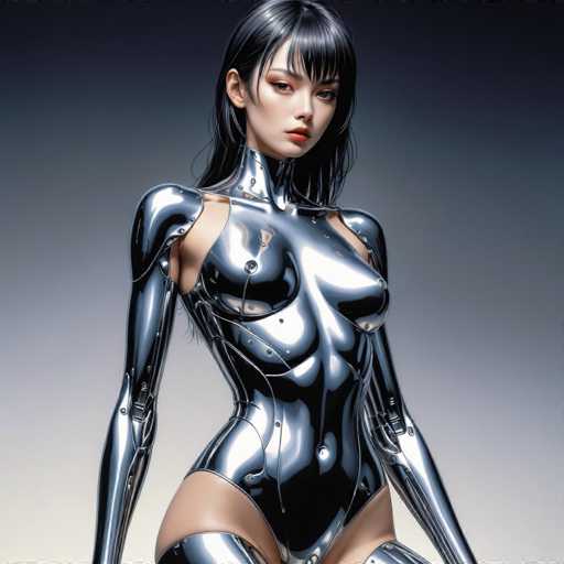 A sleek, chrome-clad android woman dominates the frame, her polished form reflecting a soft light. She's positioned centrally, gazing directly at the viewer with a serious expression. The art style is photorealistic, emphasizing smooth, metallic surfaces and sharp details in a muted, futuristic aesthetic.