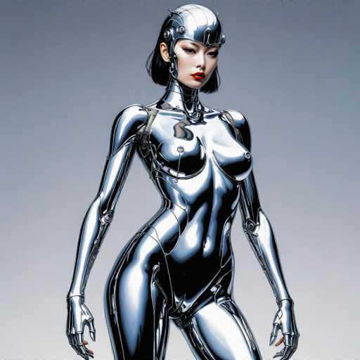 The image features a highly detailed, chrome-plated android woman with a sleek, futuristic design. She stands centrally against a muted gray background, her body exhibiting smooth, reflective surfaces and subtle mechanical details. The art style is digital illustration with a focus on polished realism and a slightly retro aesthetic, emphasizing the android's form.
