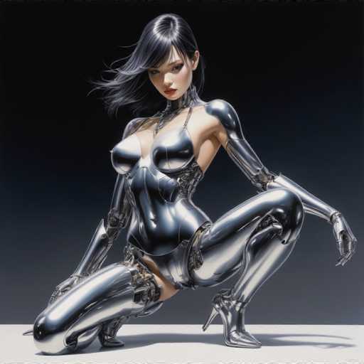 A sleek, chrome-clad android woman in a dynamic crouching pose dominates the frame. Her polished form reflects a dark, blurred background, emphasizing her metallic texture and flowing black hair. The art style is highly detailed and futuristic, with a focus on smooth, reflective surfaces and dramatic lighting.
