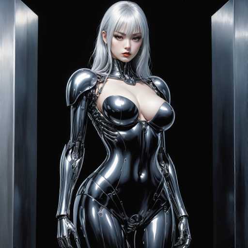 A sleek, chrome-clad android woman stands centrally against a stark black background. Her body is form-fitting and detailed, with long silver hair framing her face. She's positioned within a doorway of metallic panels, creating a sense of futuristic isolation and emphasizing her polished, robotic form. The art style is highly detailed and photorealistic.