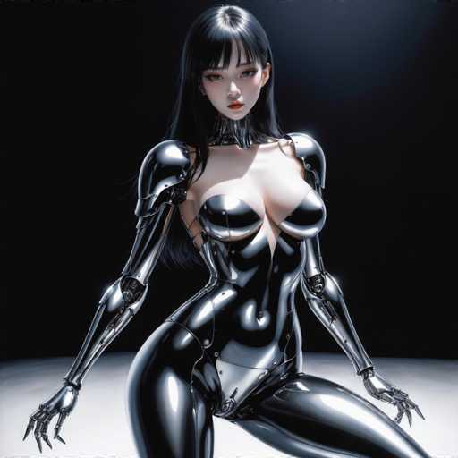 A sleek, chrome-clad android woman dominates the frame in a 3D digital art piece. She's posed in a dynamic, kneeling position with long black hair and striking red lips, her body showcasing a highly polished, futuristic design. The dark background emphasizes the reflective surface of her metallic form, creating a dramatic and modern aesthetic.