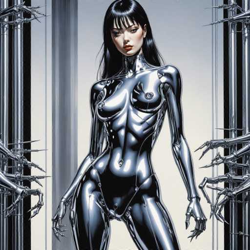 The image depicts a woman with long dark hair and a metallic body suit standing in front of a black metal frame. The background is a stark white color that contrasts with the metallic sheen of her suit. The woman's pose suggests confidence and strength as she stands tall against this backdrop, with her gaze directed straight at the camera.