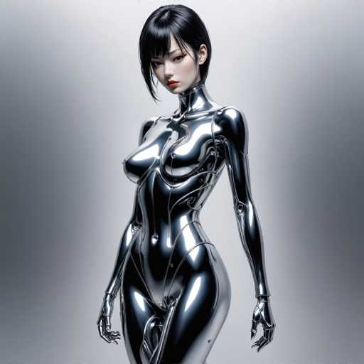 A sleek, chrome-clad android woman dominates the frame, her polished form reflecting a soft, diffused light. She stands in a static pose, her dark hair falling over her shoulders, and a subtle, enigmatic expression on her face. The art style is highly detailed and futuristic, emphasizing smooth curves and metallic textures against a muted gray backdrop.
