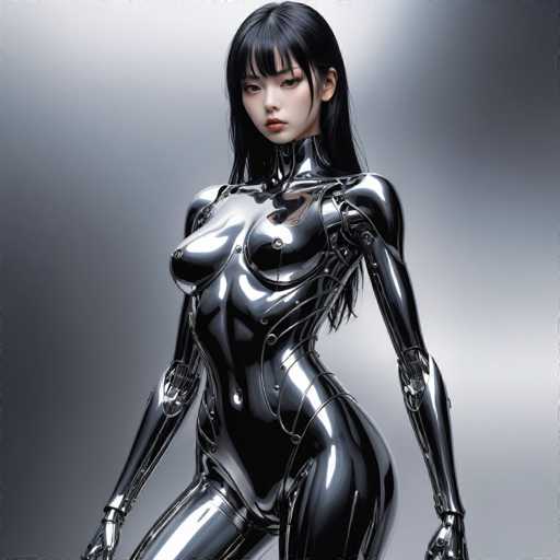 A sleek, chrome android with long black hair and red lipstick dominates the frame. The subject is positioned centrally against a muted gray backdrop, showcasing a highly detailed, polished metallic body. The art style is futuristic and photorealistic, emphasizing smooth curves and intricate mechanical details in a dramatic, close-up portrait.