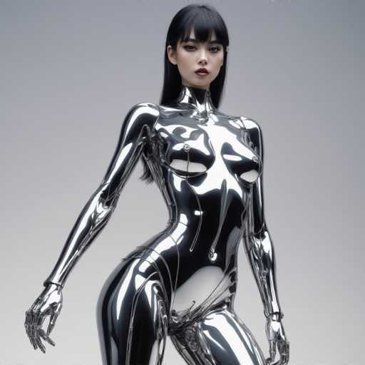 A sleek, chrome-clad android woman dominates the frame, her polished form reflecting a soft gray background. She stands in a dynamic pose, with one leg bent and arms outstretched, showcasing a futuristic, almost ethereal aesthetic. The lighting emphasizes the smooth, reflective surfaces of her metallic body.