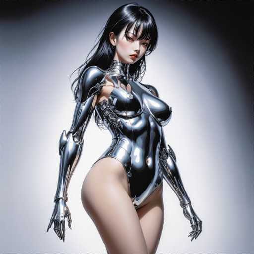 A strikingly beautiful, chrome-clad android woman dominates the frame, her sleek, metallic body gleaming against a soft gray backdrop. Her long black hair cascades over her shoulders, and her intense gaze draws the viewer in. The art style is a blend of realistic rendering and futuristic design, emphasizing smooth curves and intricate mechanical details.