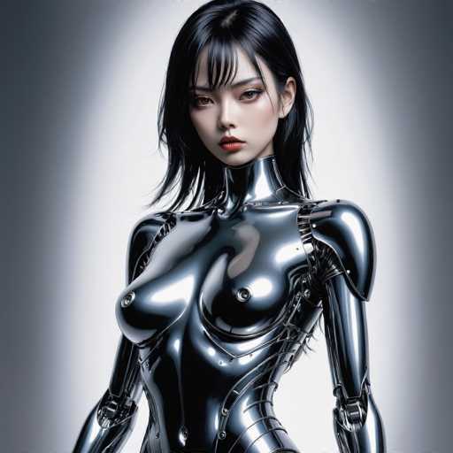A sleek, silver android with long black hair and red lipstick dominates the frame. The subject is centrally positioned against a soft gray backdrop, showcasing a highly polished, futuristic design with visible mechanical details. The art style is photorealistic, emphasizing smooth curves and reflective surfaces.