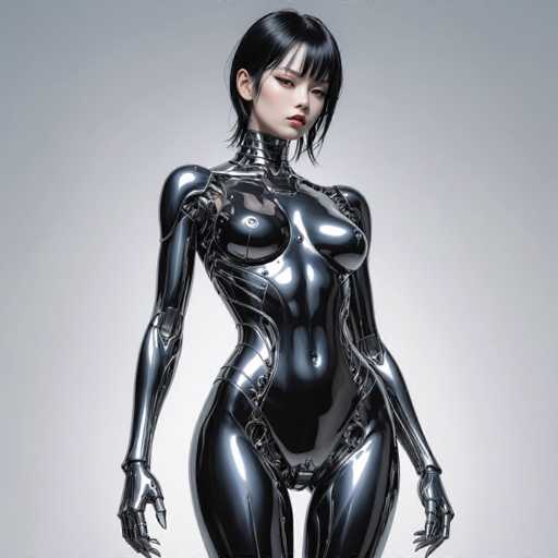 A sleek, chrome-clad android with a polished, futuristic design stands centrally against a plain gray backdrop. The subject's body is highly detailed, showcasing smooth curves and intricate mechanical elements. Her short black hair frames a serene face with subtle red makeup, creating an otherworldly yet elegant aesthetic. The overall style is photorealistic and emphasizes the smooth, reflective surfaces of the robotic form.