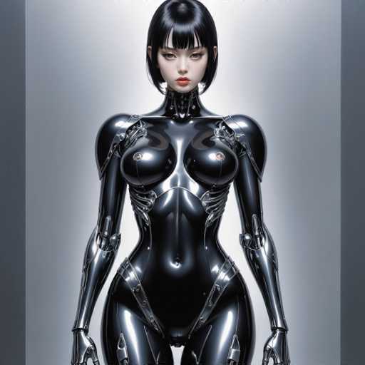 A sleek, chrome-clad android with a polished, form-fitting body dominates the frame. The subject's face is delicate yet intense, with a short black bob and red lips. The spatial relationship is centered on the figure, emphasizing its smooth, reflective surface against a plain gray backdrop. The art style is futuristic and highly polished, with sharp lines and a focus on form.