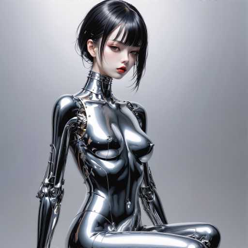 A sleek, chrome android with black hair and red makeup sits in a seated pose. The polished, reflective surface of the robot's body reflects light, creating a futuristic and slightly melancholic aesthetic. The focus is on the android's detailed form and expressive face, with a soft, diffused background emphasizing its presence.