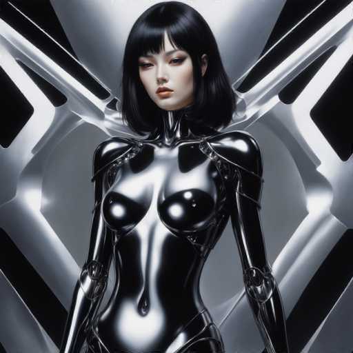 A woman with black hair and a metallic body suit stands against a stark white background, her gaze directed straight at the camera.