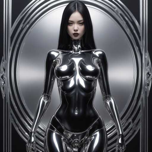 A woman with long black hair and a metallic body suit stands against a dark background featuring circular shapes and lines.
