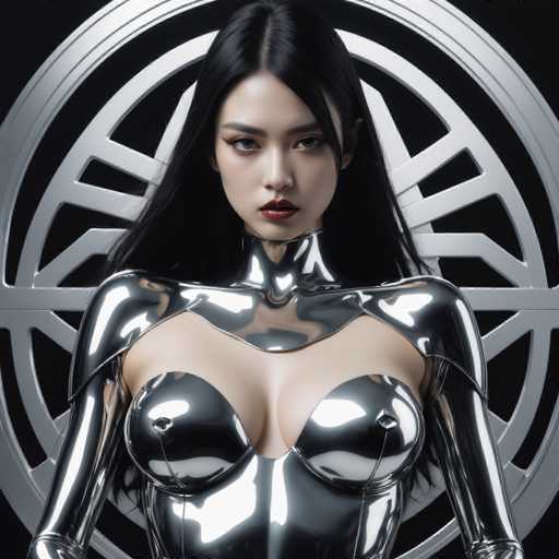 A strikingly beautiful woman with long black hair and a serious expression is clad in a futuristic, highly polished silver suit. She's positioned centrally against a dark backdrop with a circular, geometric design behind her, creating a sleek and modern aesthetic. The lighting emphasizes the reflective surface of the suit, highlighting a futuristic, almost robotic, style.