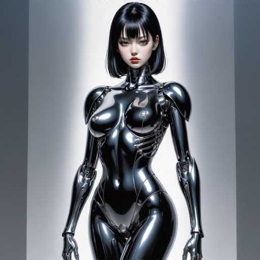 A sleek, chrome-clad android with a polished, form-fitting suit stands centrally against a muted gray backdrop. The subject's face is delicate yet intense, with short black hair and red lips. The art style is futuristic and highly detailed, emphasizing smooth curves and reflective surfaces.