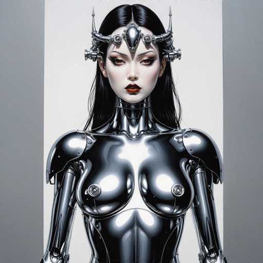 The image depicts a woman with long black hair wearing a silver metal bodysuit and a crown on her head. The background is white, providing a stark contrast that makes the woman stand out.