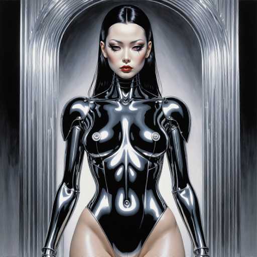 A strikingly beautiful, porcelain-skinned woman in a sleek, chrome bodysuit dominates the frame. She stands centrally against a silver, arched backdrop, her long black hair cascading around her. The art style is highly polished and futuristic, emphasizing smooth, reflective surfaces and a minimalist aesthetic with dramatic lighting.