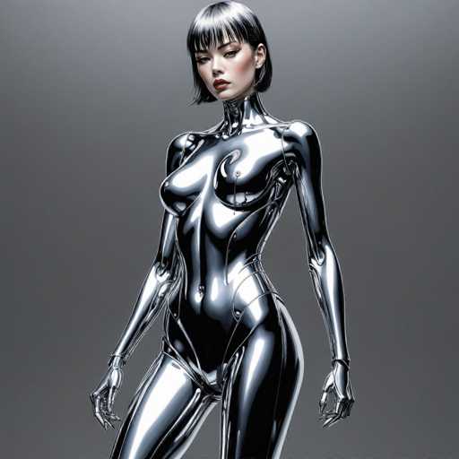 A sleek, chrome-clad android woman dominates the frame, her polished form reflecting a soft light against a muted gray backdrop. Her sharp, angular features and short, dark hair create a futuristic aesthetic. The spatial relationship is one of central focus, with the android positioned directly in the center, emphasizing her polished, almost ethereal presence. The art style is highly detailed and digital, showcasing a blend of realism and stylized design.
