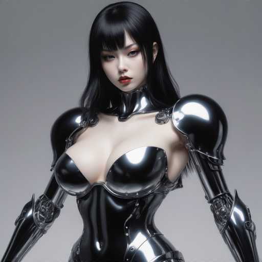 A strikingly beautiful, anime-style woman in a sleek, polished silver armor dominates the frame. She has long black hair with bangs and red lipstick, her gaze direct and captivating. The armor's form-fitting design emphasizes her figure, creating a powerful yet elegant presence against the plain gray background.
