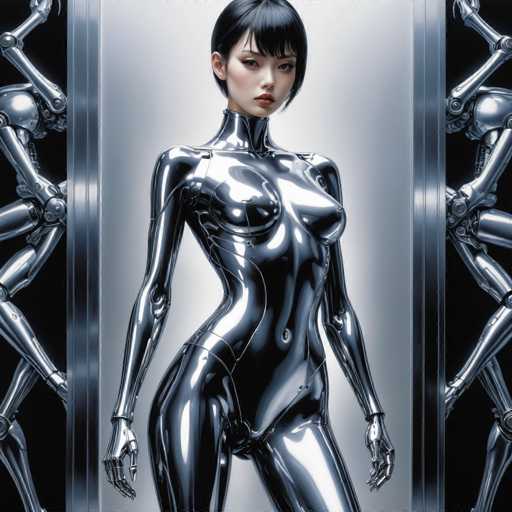 The image shows a woman wearing a silver bodysuit with arms and legs extended outwards against a black background. The woman is positioned centrally within the frame, facing towards the right side of the image. In the background on the left side, there are three robots with metallic bodies that appear to be in motion or interacting with each other.