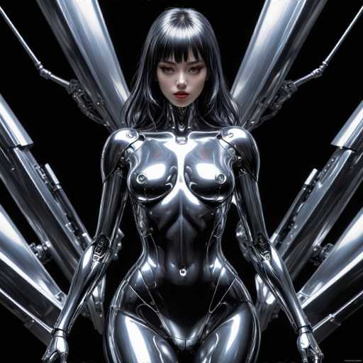 The image depicts a woman wearing a silver bodysuit with arms and legs extended outwards against a stark black background. The woman's face is partially obscured by the metallic sheen of her suit, adding an air of mystery to her appearance.