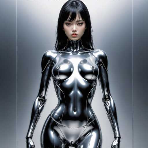 A sleek, chrome android with long black hair stands centered against a muted gray backdrop. The polished, reflective surface highlights the smooth, humanoid form, emphasizing its metallic construction. The art style is futuristic and minimalist, focusing on clean lines and a cool color palette.