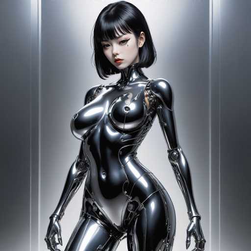 A sleek, chrome android with a short black bob and red lips stands centered against a muted gray backdrop. The polished, reflective surface of the robot's body highlights its form and intricate mechanical details. The spatial relationship is one of direct focus, with the android as the primary subject in a minimalist setting. The art style is futuristic and highly detailed, emphasizing smooth curves and sharp lines.