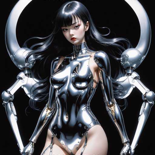 The image depicts a woman with long dark hair wearing a metallic bodysuit and holding two large silver horns. The background is black, creating a stark contrast that highlights the woman's features.