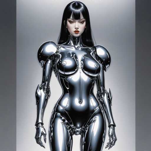 A sleek, chrome-clad android with a polished, futuristic design stands centrally against a muted gray backdrop. The subject's body is highly detailed, showcasing smooth curves and articulated limbs. Her dark hair falls in a blunt bob, contrasting with her intense gaze. The art style is digital and highly polished, emphasizing metallic reflections and a minimalist aesthetic.