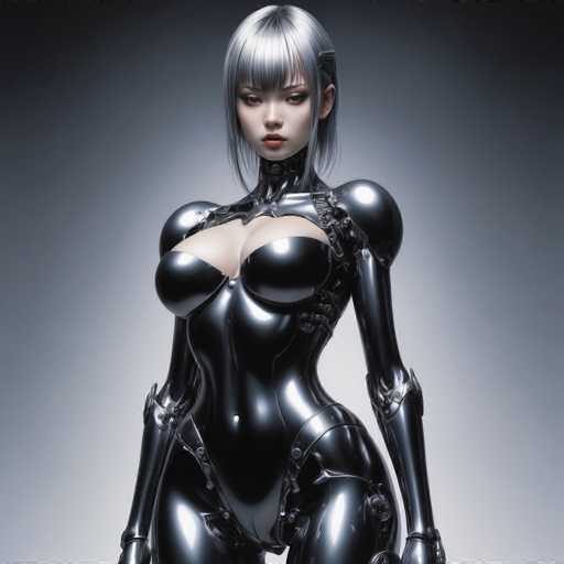 A sleek, chrome-clad android woman dominates the frame, her form a blend of human and machine. The polished surface reflects a soft light, highlighting the intricate details of her cybernetic design. She stands centrally, creating a strong, static composition against a muted gray backdrop. The art style is futuristic and highly detailed, emphasizing smooth curves and sharp lines.