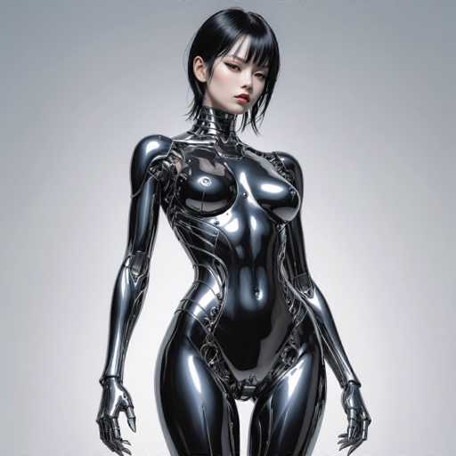 A woman with short black hair and a metallic body suit stands against a gray background.