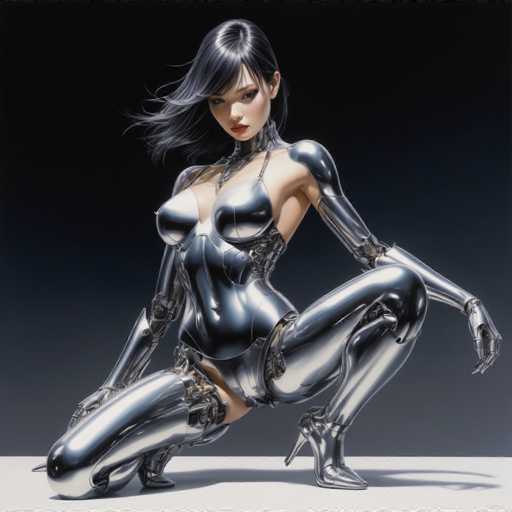 The image depicts a woman wearing a futuristic silver bodysuit with metallic boots and gloves. She is kneeling on the ground, her body angled towards the viewer. The background is dark, providing a stark contrast to the woman's metallic appearance.
