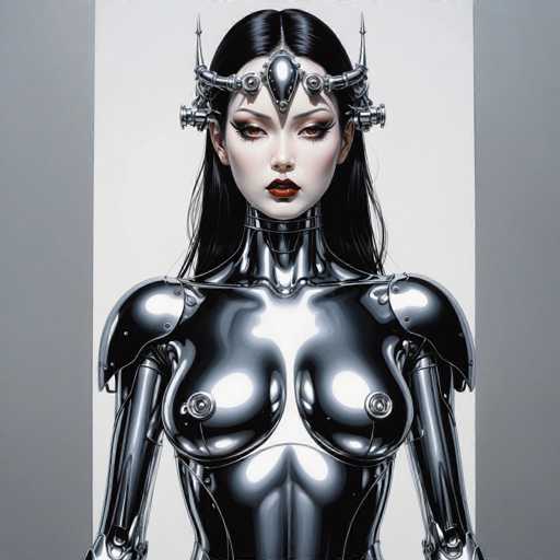 A strikingly beautiful, chrome-clad android with long black hair and intense makeup dominates the frame. The subject is centrally positioned against a plain white backdrop, emphasizing her polished, futuristic form and intricate metallic details. The art style is highly detailed and photorealistic, showcasing a blend of science fiction and digital art aesthetics.