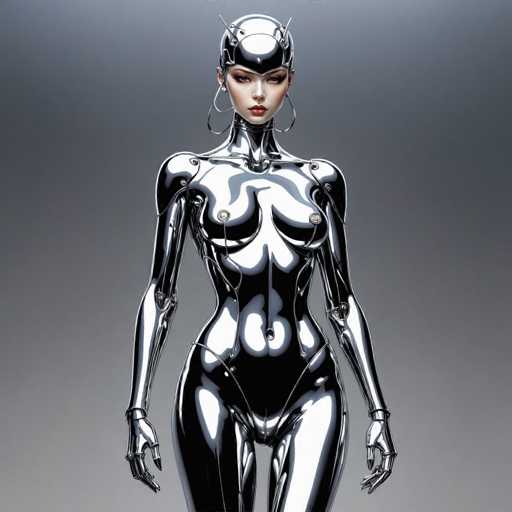 A sleek, chrome-clad android with a polished, humanoid form stands centrally against a muted gray backdrop. The art style is futuristic and highly detailed, emphasizing smooth curves and reflective surfaces. The subject's head is adorned with a metallic helmet, and her expression is serene yet intense.