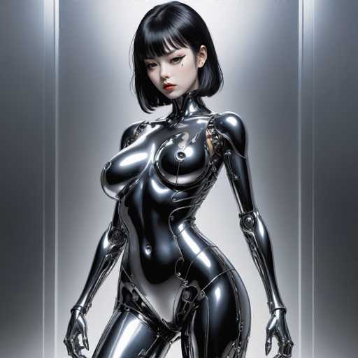 The image shows a woman depicted as a robot with silver skin and metallic armor. She is standing against a gray background, facing the camera directly. The woman has short black hair and is wearing a tight-fitting silver bodysuit that accentuates her muscular physique.