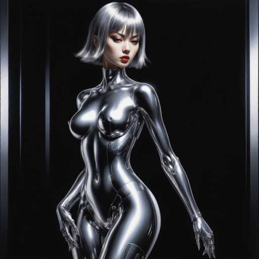 A sleek, silver android with short, silver hair and red lipstick stands in a dark, minimalist setting. The polished, reflective surface of the android's body creates a futuristic aesthetic. The spatial relationship is one of focus, with the android centrally positioned against a stark black backdrop, emphasizing its form and enigmatic presence. The art style is highly detailed and digital, leaning towards a polished, almost photorealistic rendering.